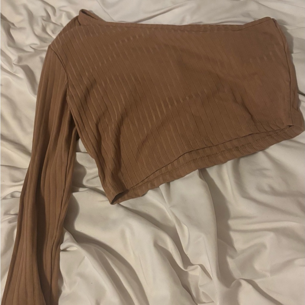 SHEIN Brown Ribbed One-Shoulder Top